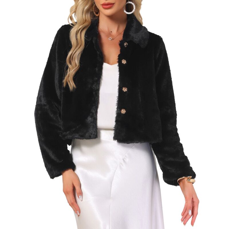 インスパイア 今めかしい レディース アウター 上衣・上衣 厚地の外套 クロップド INSPIRE CHIC Dressy Faux Fur Coat for Women\u0027s Cropped Snap Button Winter Wedding Fluffy Jackets Black 黒いこと