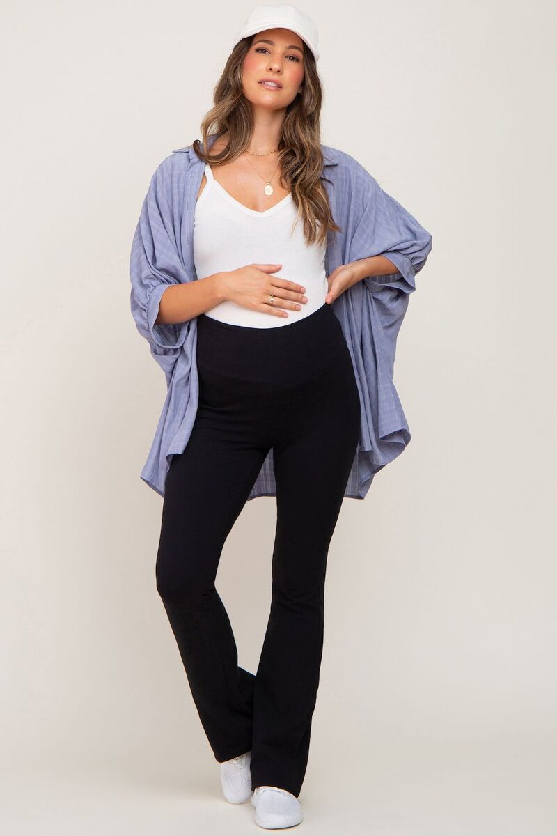 サクラ色毛はらい レディース ボトムス 心地好いズボン下 レギンス マタニティ PinkBlush Maternity Flared Leggings Black 黒いこと