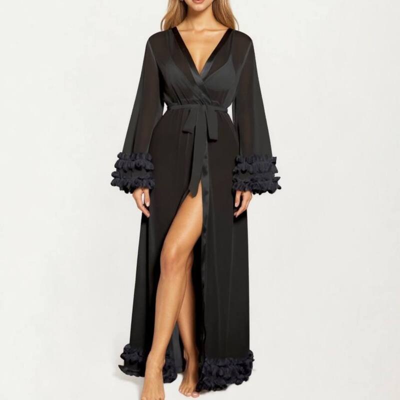 アンナカシ レディース アンダーお召しもの ナイト爵お召しもの フラウンス 繻子 Anna-Kaci Women\u0027s Long Satin Robe with Ruffled Cuffs Hem and Tie Waist Belt Black 黒いこと