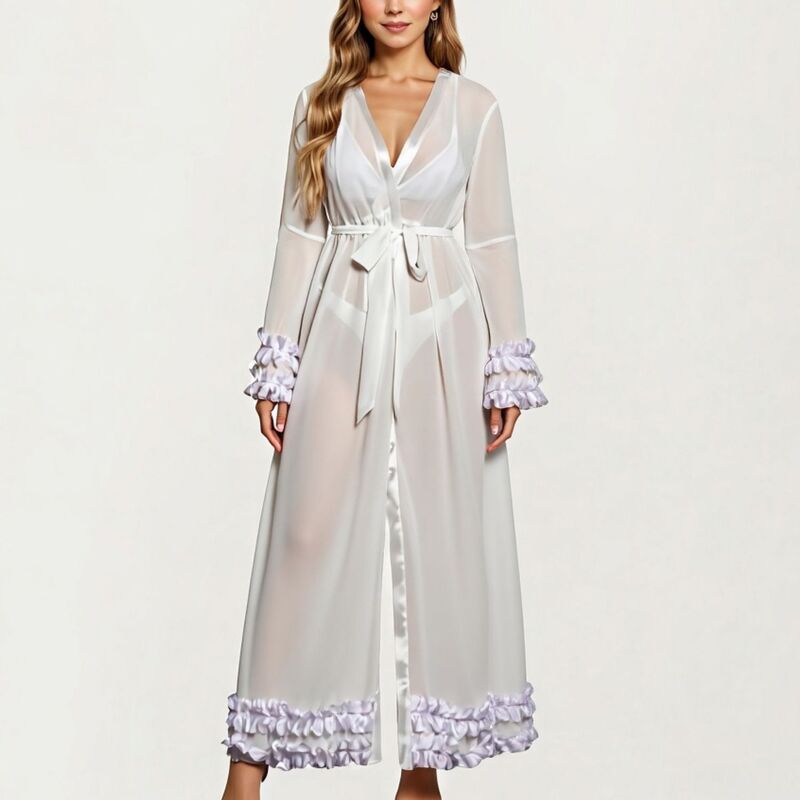 アンナカシ レディース アンダーお召しもの ナイト爵お召しもの フラウンス 繻子 Anna-Kaci Women\u0027s Long Satin Robe with Ruffled Cuffs Hem and Tie Waist Belt White 白いこと