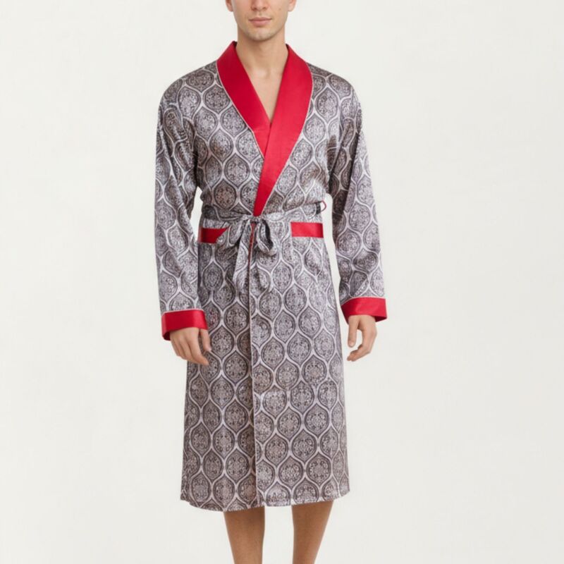アンナカシ レディース アンダーお召しもの ナイト爵お召しもの 繻子 対比 Anna-Kaci Men\u0027satin Robe with Ornate Medallion Pattern and Contrastrim Details Gray Red 薄墨色