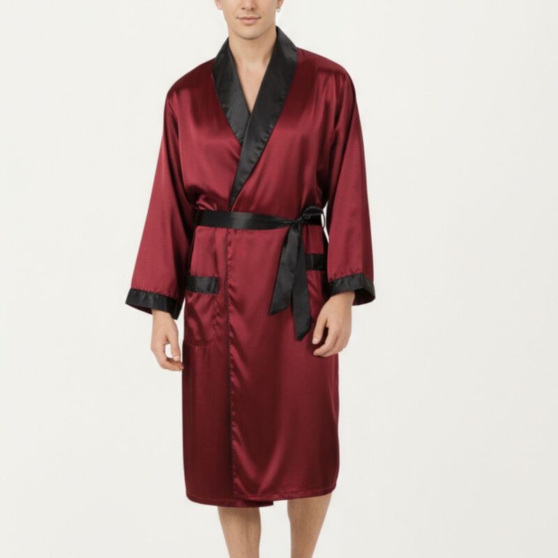 アンナカシ レディース アンダーお召しもの ナイト爵お召しもの 繻子 対比 Anna-Kaci Men\u0027satin Robe with Contrast Shawl Collar Waistie and Front Pockets Burgundy バーガンディ