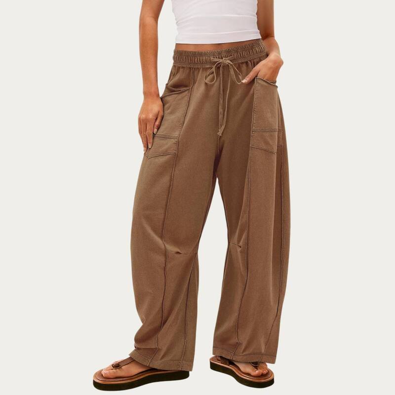 アンナカシ レディース ボトムス 心地好いズボン下 ワイドレッグ Anna-Kaci Women\u0027soft Wide Leg Pants with Cargo Style Seam Detailing Adjustable Drawstring Waistband Brown 赤銅色