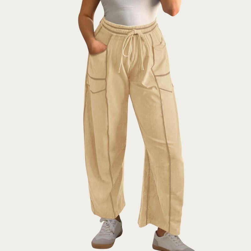 アンナカシ レディース ボトムス 心地好いズボン下 ワイドレッグ Anna-Kaci Women\u0027soft Wide Leg Pants with Cargo Style Seam Detailing Adjustable Drawstring Waistband Light Beige ベージュ