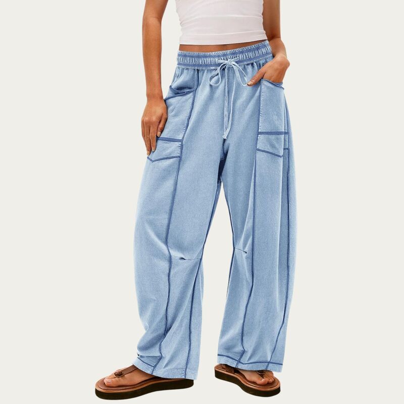 アンナカシ レディース ボトムス 心地好いズボン下 ワイドレッグ Anna-Kaci Women\u0027soft Wide Leg Pants with Cargo Style Seam Detailing Adjustable Drawstring Waistband Light Blue 青み