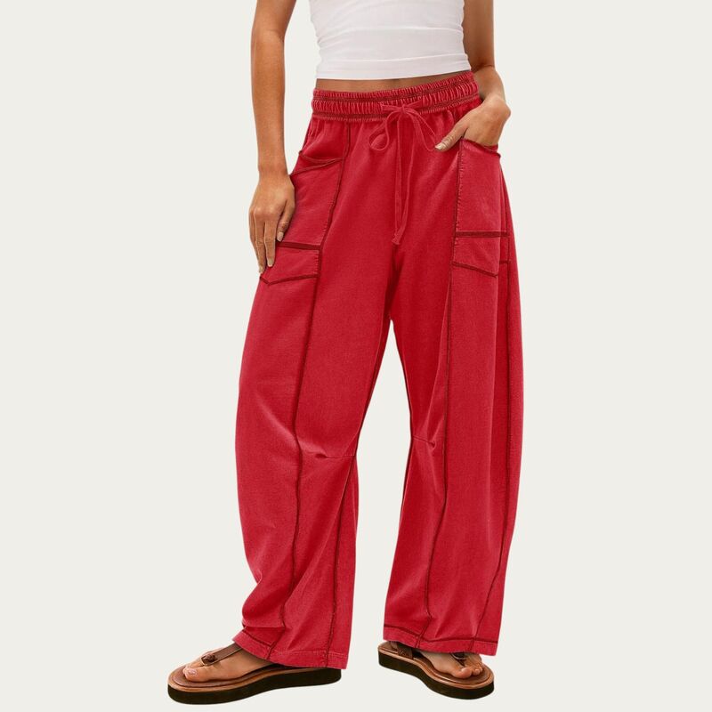 アンナカシ レディース ボトムス 心地好いズボン下 ワイドレッグ Anna-Kaci Women\u0027soft Wide Leg Pants with Cargo Style Seam Detailing Adjustable Drawstring Waistband Red 赤いこと
