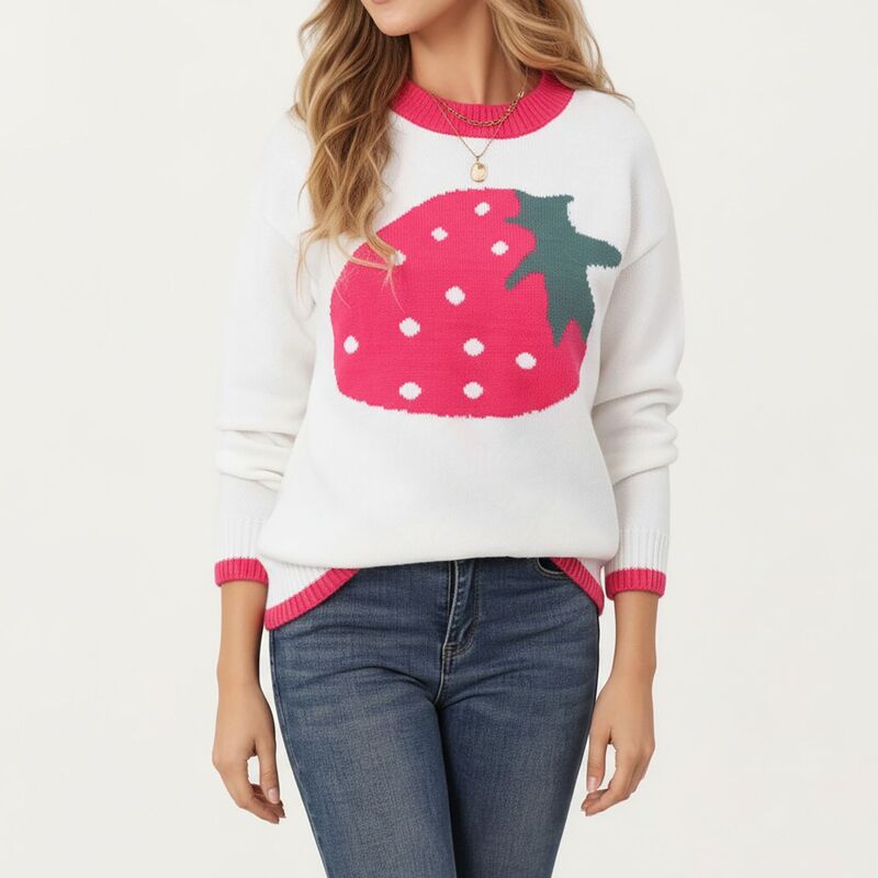 アンナカシ レディース アウター ニット・セーター リブ グラフィック Anna-Kaci Women'strawberry Graphic Knit Sweater with Cute Fruit Design Ribbed Crew Neckline White ホワイト｜ReVida 店
