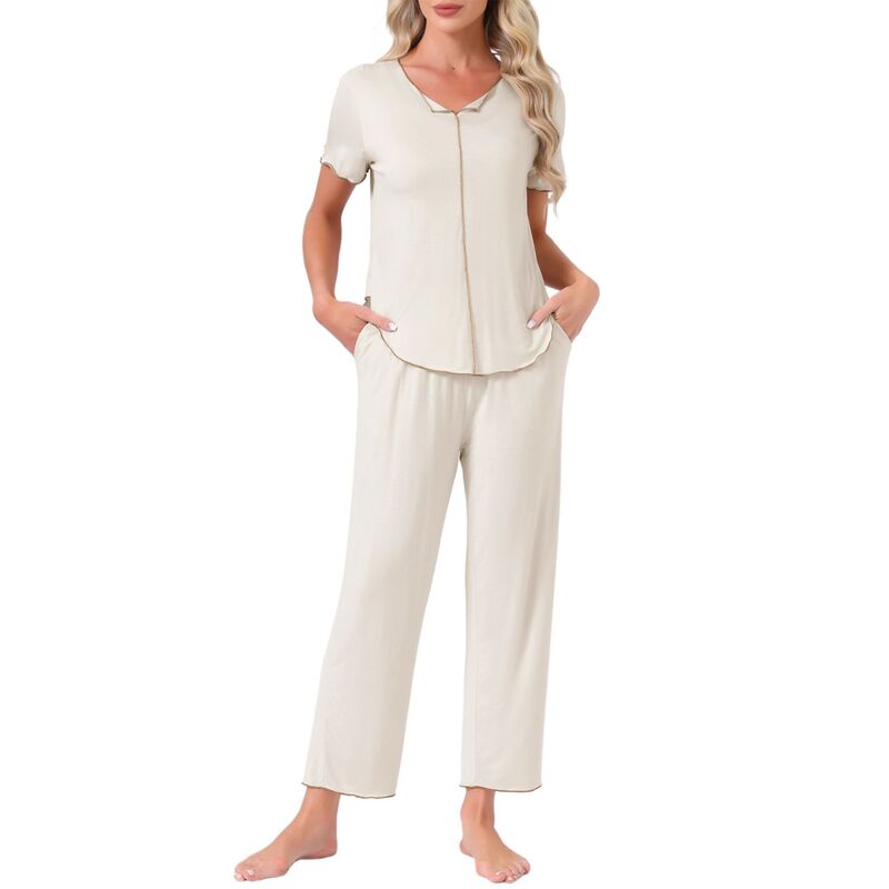 インスパイア 今めかしい レディース アンダーお召しもの ナイト爵お召しもの ズボン下 INSPIRE CHIC Women\u0027s Pajama Setsleepwear Built-インチ Shelf Bra Short Sleeve Tops and Pants Lounge Set with Pockets Beige ベージュ