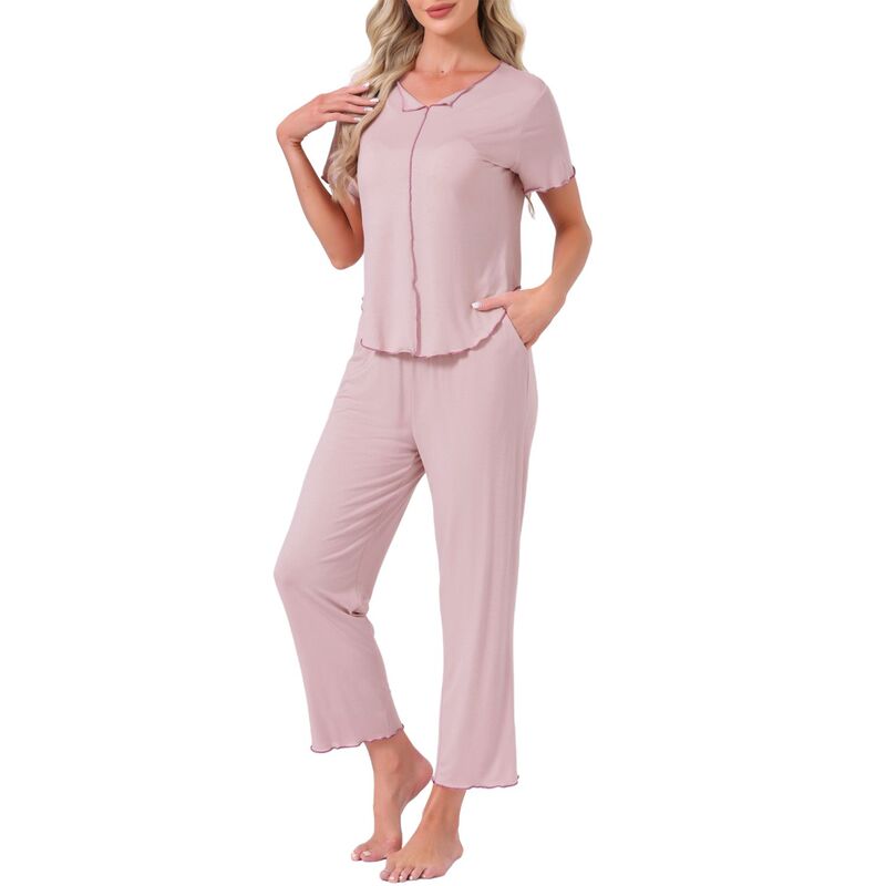 インスパイア 今めかしい レディース アンダーお召しもの ナイト爵お召しもの ズボン下 INSPIRE CHIC Women\u0027s Pajama Setsleepwear Built-インチ Shelf Bra Short Sleeve Tops and Pants Lounge Set with Pockets Pink サクラ色