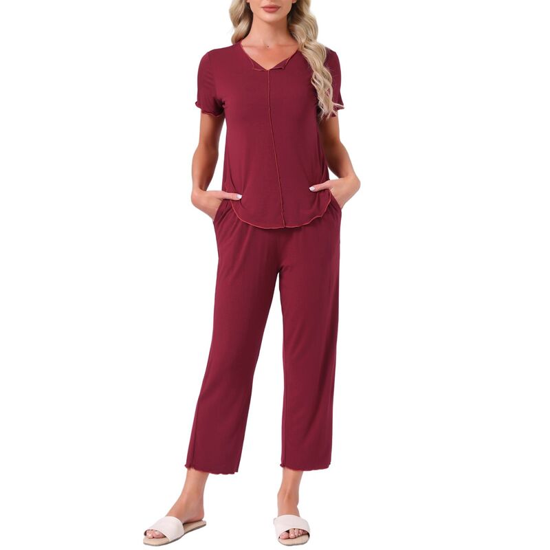 インスパイア 今めかしい レディース アンダーお召しもの ナイト爵お召しもの ズボン下 INSPIRE CHIC Women\u0027s Pajama Setsleepwear Built-インチ Shelf Bra Short Sleeve Tops and Pants Lounge Set with Pockets Red 赤いこと