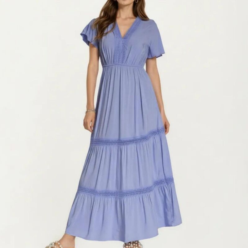 アンナカシ レディース トップス ワンピース リラックスフィット Vネック ティアード スカート マキシ Anna-Kaci Short Sleeve V Neck Maxi Dress with Tiered Skirt Detail and Relaxed Fit Flowy Silhouette Design Blue ブルー|ReVida 店