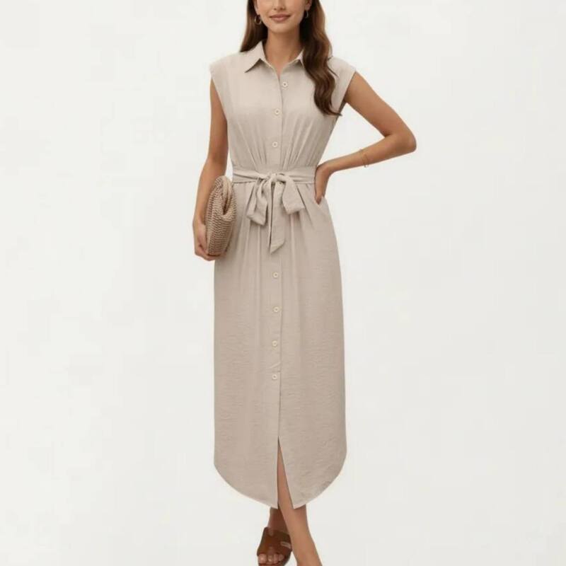 アンナカシ レディース トップス ワンピース リラックスフィット ミディ ノースリーブ Anna-Kaci Sleeveless Button Front Midi Dress with Collared Neckline and Relaxed Fit Flowy Silhouette Design Khaki カーキ｜ReVida 店 14,235円