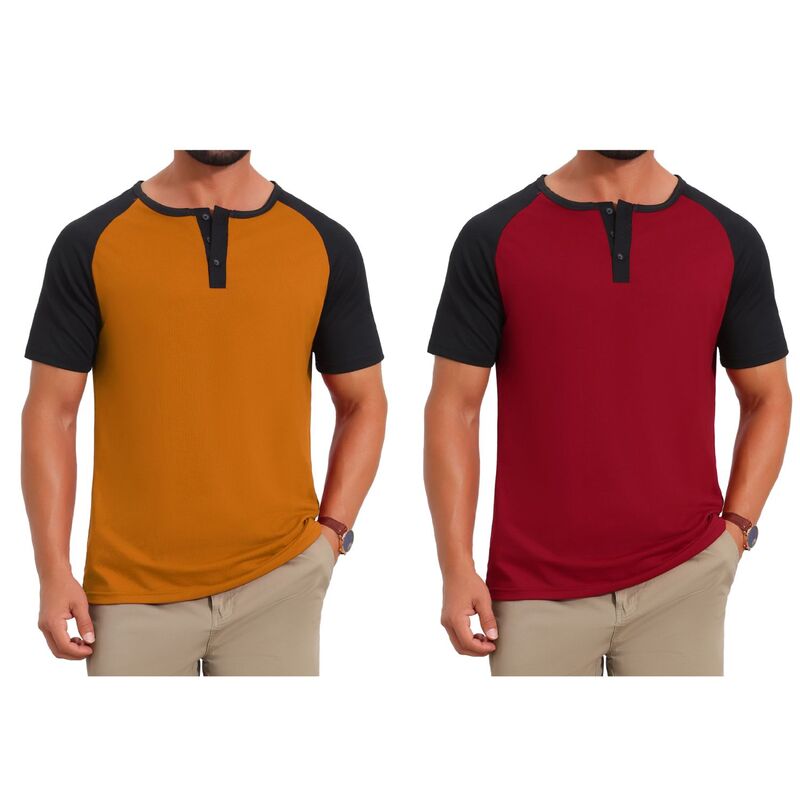 インスパイア シック レディース トップス Tシャツ ボタンダウン INSPIRE CHIC 2 Packs Men's Henley Shirts Button Down Color Block Short Sleeve Raglan T-Shirt Burgundy Orange バーガンディ｜ReVida 店