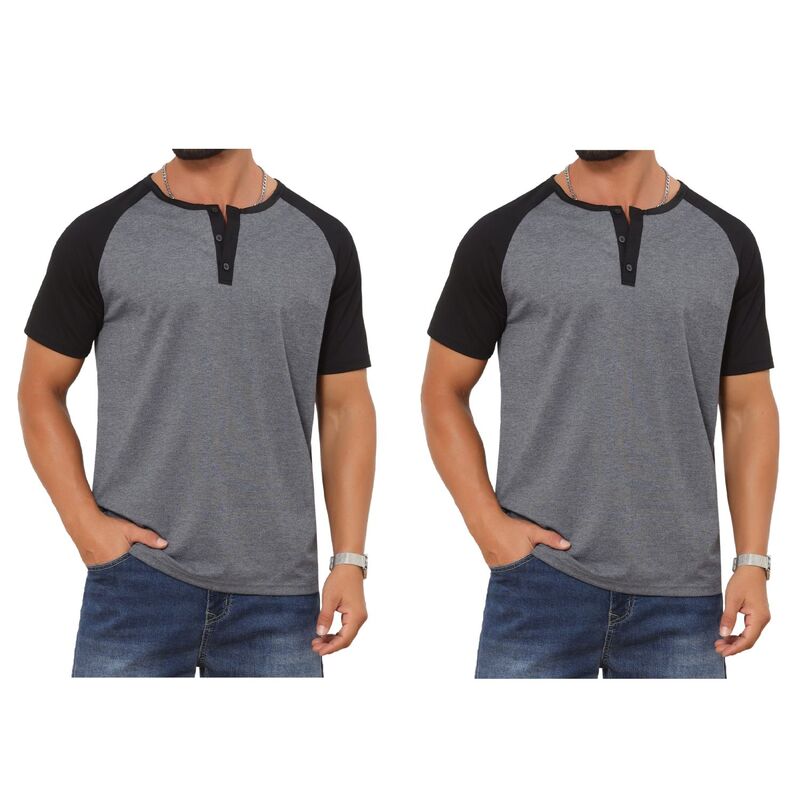 インスパイア シック レディース トップス Tシャツ ボタンダウン INSPIRE CHIC 2 Packs Men's Henley Shirts Button Down Color Block Short Sleeve Raglan T-Shirt Dark Gray グレー｜ReVida 店