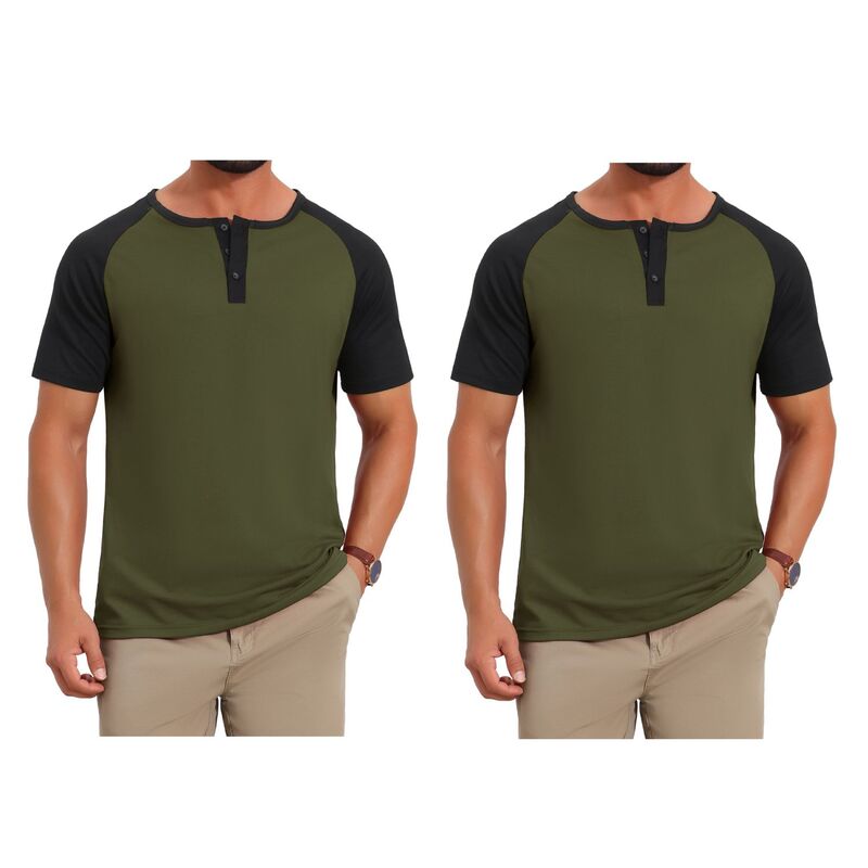 インスパイア シック レディース トップス Tシャツ ボタンダウン INSPIRE CHIC 2 Packs Men's Henley Shirts Button Down Color Block Short Sleeve Raglan T-Shirt Olive Green グリーン｜ReVida 店