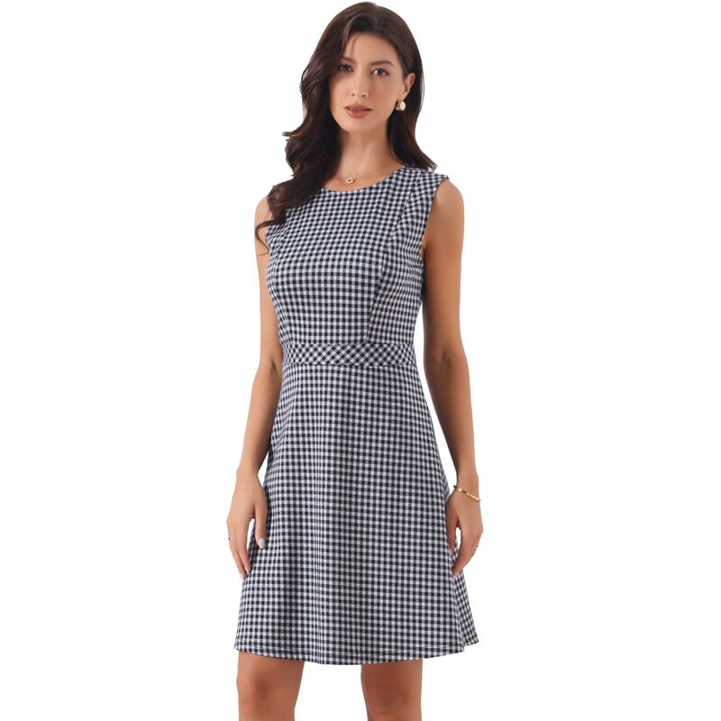 アレグラ ケー レディース トップス ワンピース ノースリーブ ALLEGRA K Women's Houndstooth Plaid Above Knee Sleeveless Fit and Flare Dress Deep Blue ブルー｜ReVida 店 13,634円