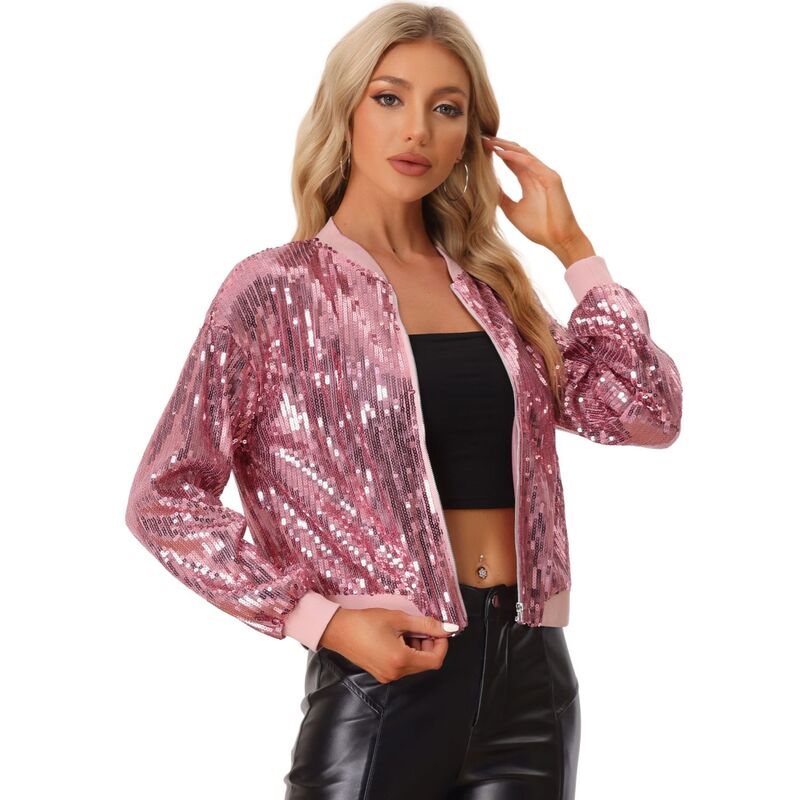 アレグラ ケー レディース アウター 上衣・上衣 クロップド ALLEGRA K Women\u0027s Glitter Cropped Long Sleeve Zipper Bomber Jacket Pinks