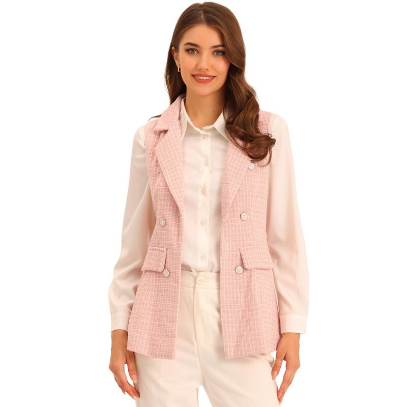 アレグラ ケー レディース アウター 上衣・上衣 より良い ツィード ノースリーブなめし革 ALLEGRA K Women\u0027s Plaid Tweed Lapel Open Front Sleeveless Blazer Vest Jacket With Pocket Pink サクラ色