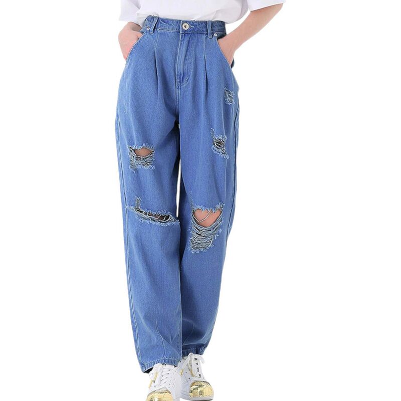 アンナカシ レディース ボトムス ジーンズズボン下 ご機嫌酉の方角 Anna-Kaci Women\u0027s Loose High Waist Denim Trousers Ripped Blue 青み