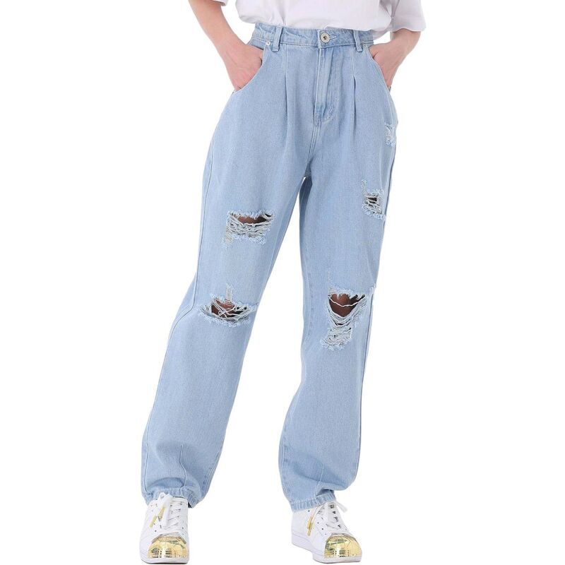 アンナカシ レディース ボトムス ジーンズズボン下 ご機嫌酉の方角 Anna-Kaci Women\u0027s Loose High Waist Denim Trousers Ripped Light Denim ジーンズ