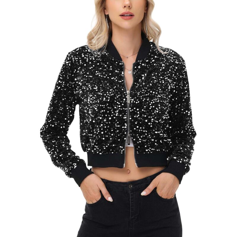 アンナカシ レディース アウター 上衣・上衣 スパンコール クロップド Anna-Kaci Women\u0027sequin Jacket Cropped Two-Way-Zipper Glitter Bomber Jacket Black And Silver 黒いこと