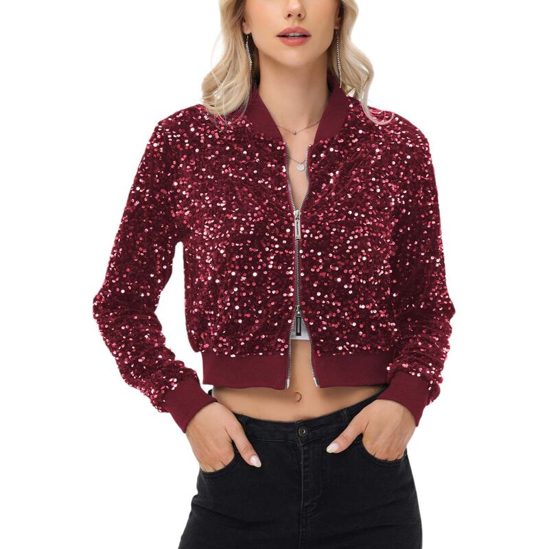 アンナカシ レディース アウター 上衣・上衣 スパンコール クロップド Anna-Kaci Women\u0027sequin Jacket Cropped Two-Way-Zipper Glitter Bomber Jacket Burgundy Red 赤いこと