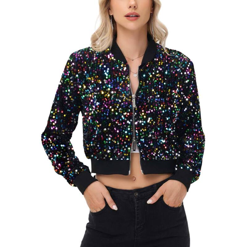 アンナカシ レディース アウター 上衣・上衣 スパンコール クロップド Anna-Kaci Women\u0027sequin Jacket Cropped Two-Way-Zipper Glitter Bomber Jacket Candy