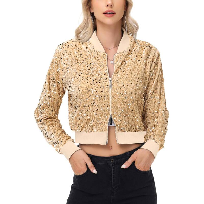アンナカシ レディース アウター 上衣・上衣 スパンコール クロップド Anna-Kaci Women\u0027sequin Jacket Cropped Two-Way-Zipper Glitter Bomber Jacket Gold ゴールド