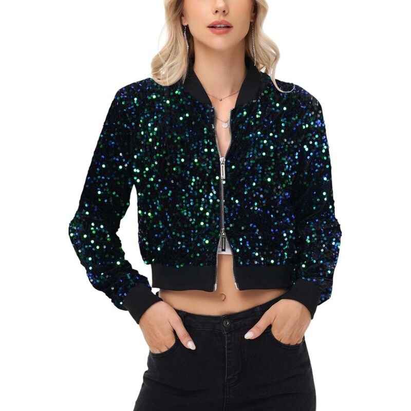 アンナカシ レディース アウター 上衣・上衣 スパンコール クロップド Anna-Kaci Women\u0027sequin Jacket Cropped Two-Way-Zipper Glitter Bomber Jacket Mermaid