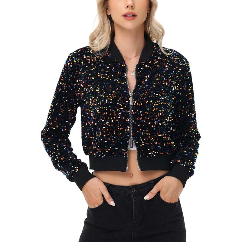 アンナカシ レディース アウター 上衣・上衣 スパンコール クロップド Anna-Kaci Women\u0027sequin Jacket Cropped Two-Way-Zipper Glitter Bomber Jacket Multicolor マルチ色合い