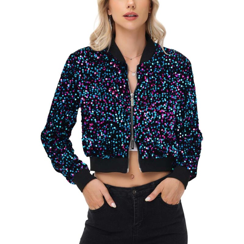 アンナカシ レディース アウター 上衣・上衣 スパンコール クロップド Anna-Kaci Women\u0027sequin Jacket Cropped Two-Way-Zipper Glitter Bomber Jacket Neon