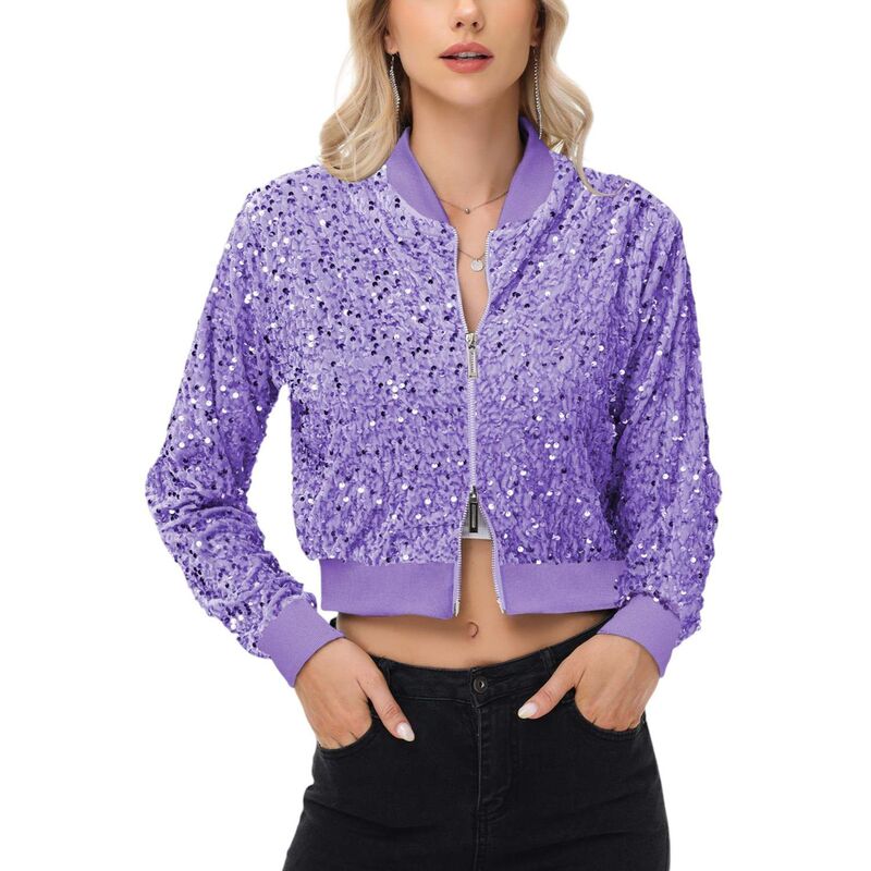 アンナカシ レディース アウター 上衣・上衣 スパンコール クロップド Anna-Kaci Women\u0027sequin Jacket Cropped Two-Way-Zipper Glitter Bomber Jacket Purple パープル