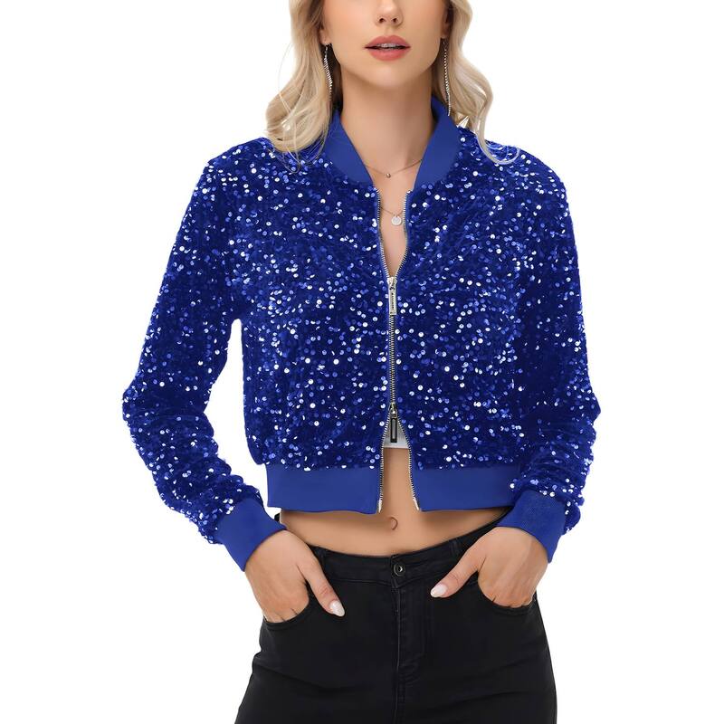 アンナカシ レディース アウター 上衣・上衣 スパンコール クロップド Anna-Kaci Women\u0027sequin Jacket Cropped Two-Way-Zipper Glitter Bomber Jacket Royal Blue 青色