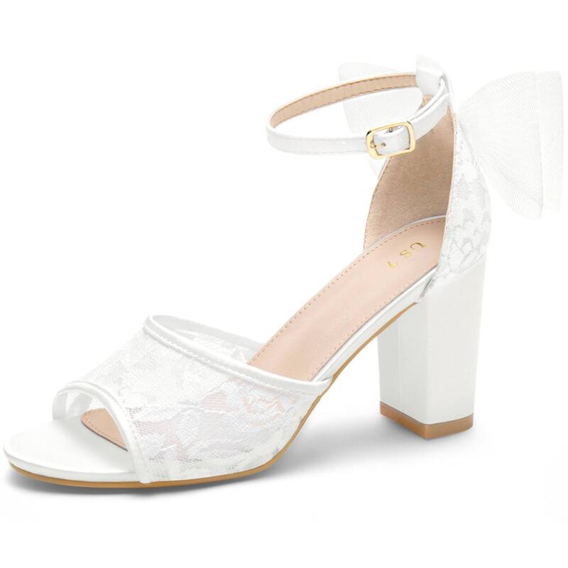 ブリスフルステップ レディース シューズ パンプス サンダル アンクル レース ヒール BLISSFUL STEP Lace Open Toe Bow Ankle Strap Block Heel Sandals for Women White ホワイト｜ReVida 店