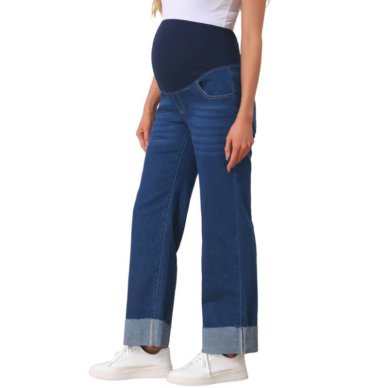 インスパイア 今めかしい レディース ボトムス ジーンズズボン下 引っ切り無い マタニティ デニム INSPIRE CHIC Women Maternity Jeanstraight Leg Cuffed Comfy Stretch Over Belly Support Pregnant Denim Work Pants Deep Blue 青み