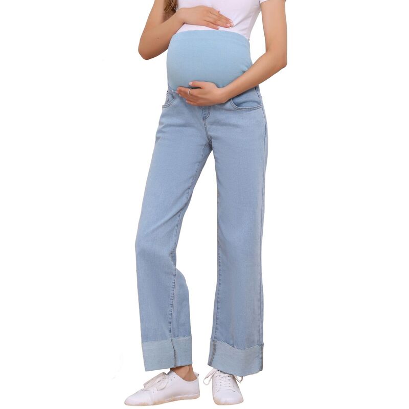 インスパイア 今めかしい レディース ボトムス ジーンズズボン下 引っ切り無い マタニティ デニム INSPIRE CHIC Women Maternity Jeanstraight Leg Cuffed Comfy Stretch Over Belly Support Pregnant Denim Work Pants Light Blue 青み