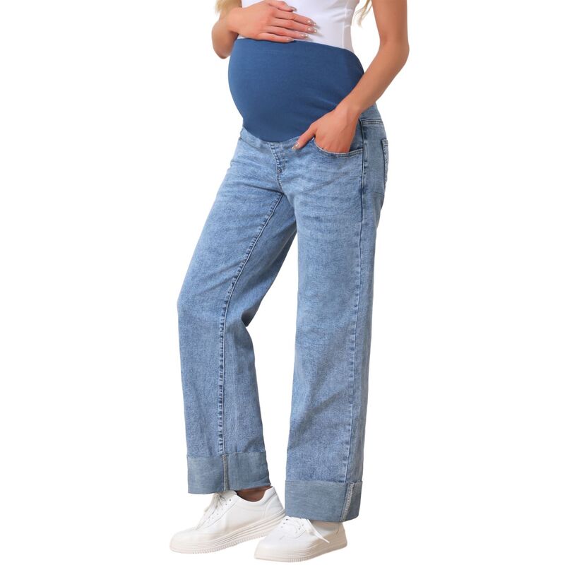 インスパイア 今めかしい レディース ボトムス ジーンズズボン下 引っ切り無い マタニティ デニム INSPIRE CHIC Women Maternity Jeanstraight Leg Cuffed Comfy Stretch Over Belly Support Pregnant Denim Work Pantsnow Blue 青み