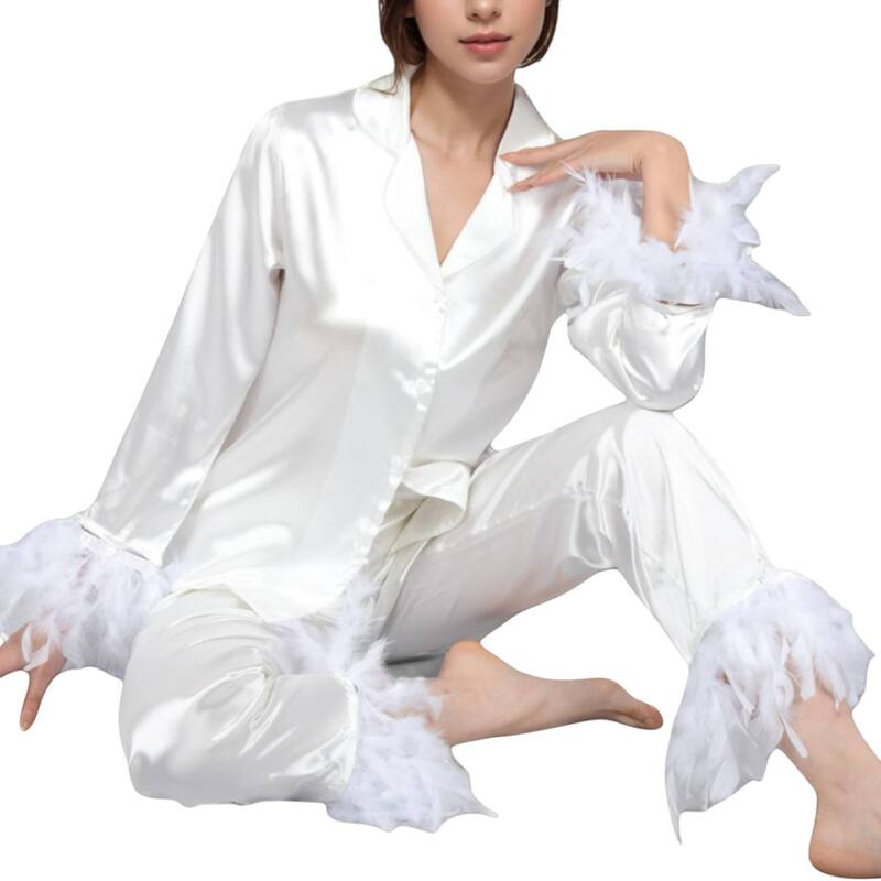アンナカシ レディース アンダーお召しもの ナイト爵お召しもの 繻子 Anna-Kaci Women\u0027satin Long Sleeve Feather Detail 2-Piece Set White 白いこと