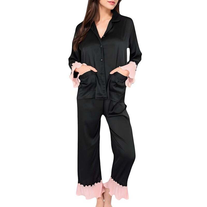 アンナカシ レディース アンダーお召しもの ナイト爵お召しもの フラウンス 繻子 Anna-Kaci Women\u0027satin Pajama Set with Ruffled Cuffs and Button-Up Top Black 黒いこと