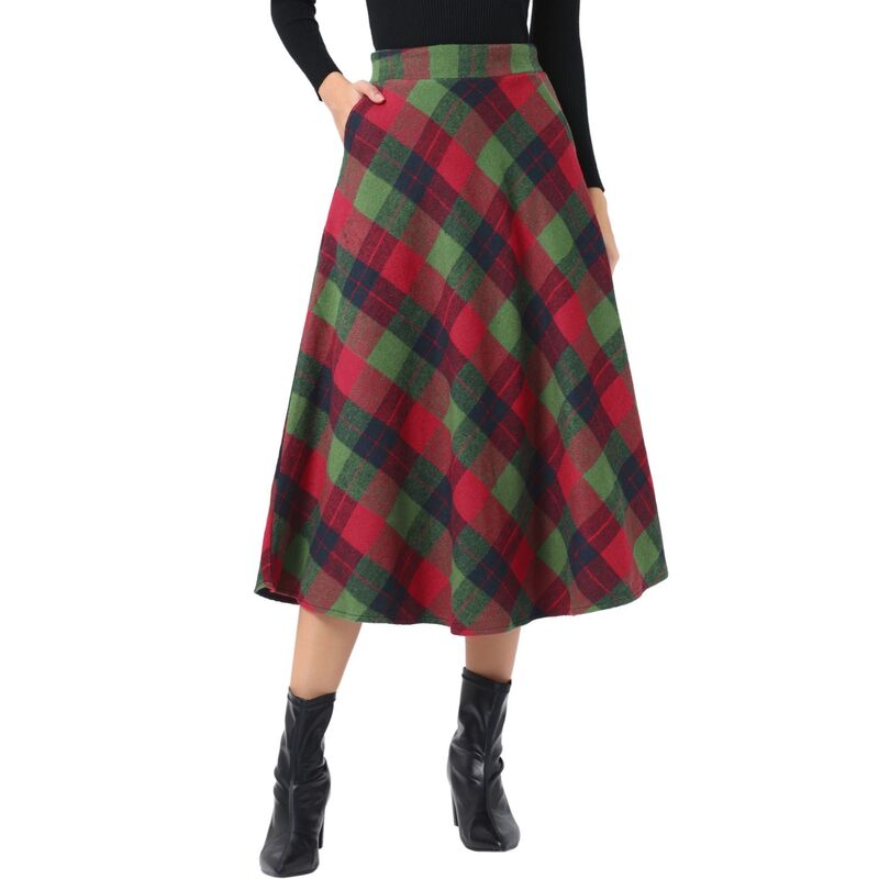 インスパイア シック レディース ボトムスカート ヴィンテージ A ライン ハイウエスト マキシ INSPIRE CHIC Women's Vintage Plaid High Waist A-Line Long Maxi Skirt with Pockets Red Green レッド｜ReVida 店
