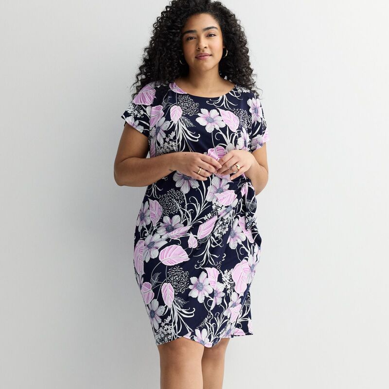 ロビー・ビー レディース トップス ワンピース フラワー柄 プラスサイズ フラワー Plusize Robbie Bee Floral Short Sleeve Dress Navy Orchid ネイビー|ReVida 店