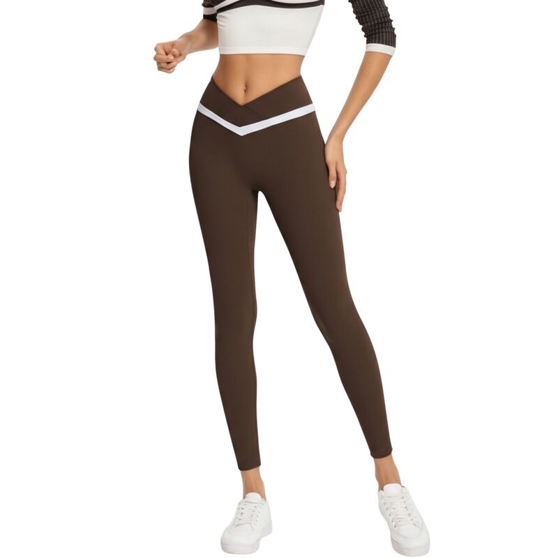 アンナカシ レディース ボトムス 心地好いズボン下 色つや立ちはだかる レギンス Anna-Kaci Women\u0027s Crossover Waist Colorblock Fullength Leggings with Stretch Fit Fabric Brown 赤銅色