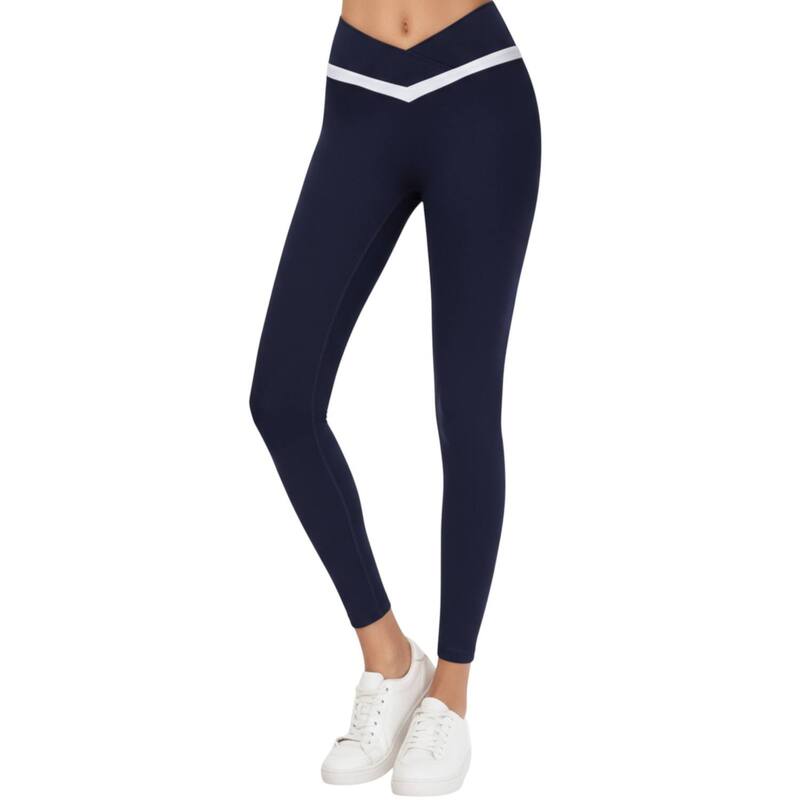 アンナカシ レディース ボトムス 心地好いズボン下 色つや立ちはだかる レギンス Anna-Kaci Women\u0027s Crossover Waist Colorblock Fullength Leggings with Stretch Fit Fabric Navy 米国海軍