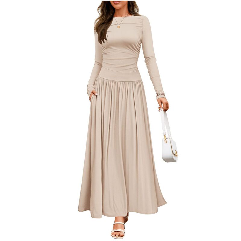 イエスファッション レディース トップス ワンピース クルーネック プリーツ エンパイア マキシ Yesfashion Women's Long Sleeve Fall Maxi Dress Crewneck Casual Empire Waist Pleated Long Dresses with Pockets Apricot アプリコット|ReVida 店