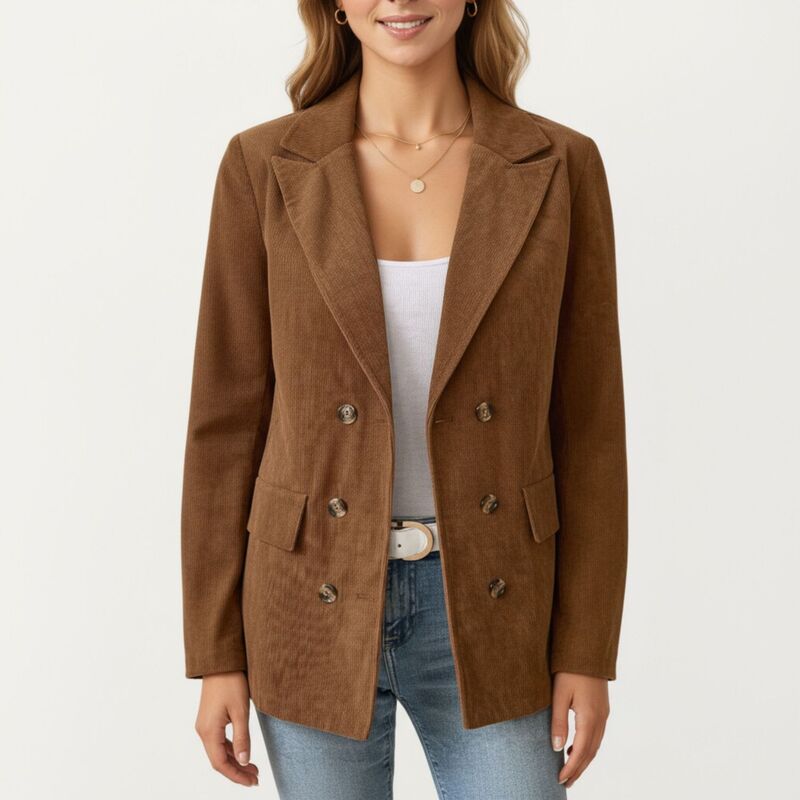 アンナカシ レディース アウター 上衣・上衣 コール天 スポーツジャケット Anna-Kaci Women\u0027s Double Breasted Corduroy Blazer with Notched Lapel and Front Flapockets Brown 赤銅色