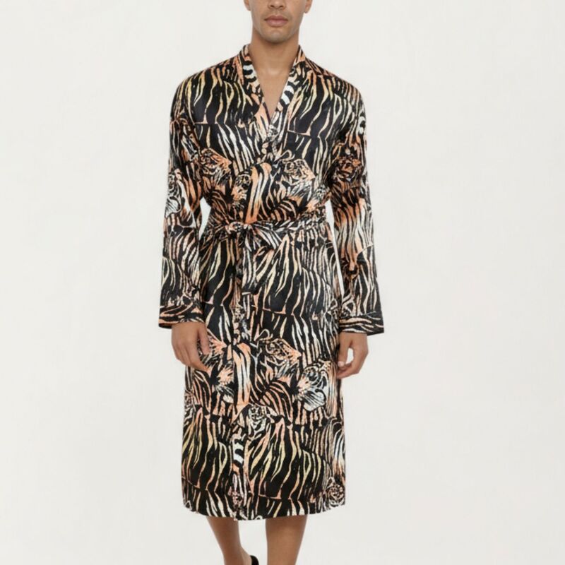 アンナカシ レディース アンダーお召しもの ナイト爵お召しもの 刷り上げる 繻子 Anna-Kaci Men\u0027satin Robe with Tiger Print Design and Adjustable Waistie Brown 赤銅色