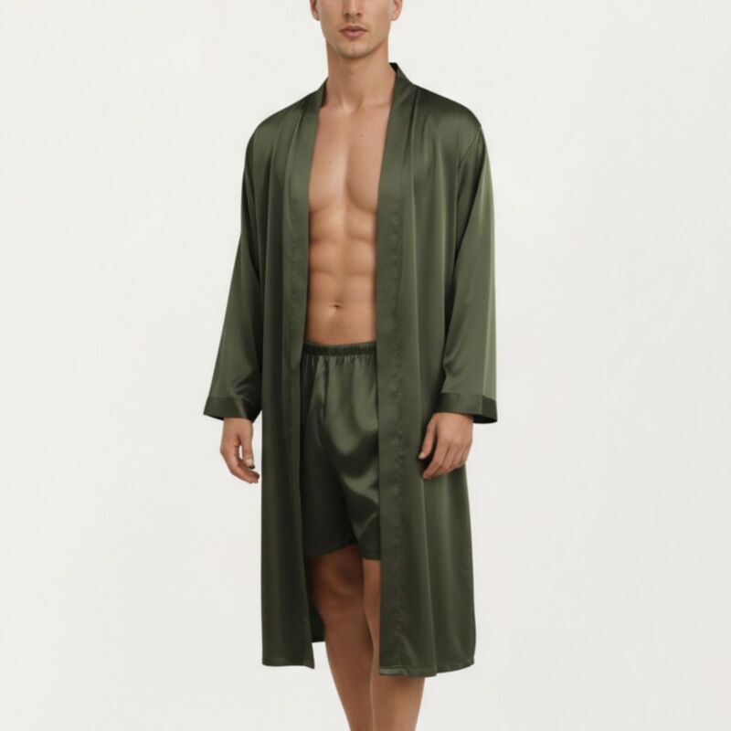 アンナカシ レディース アンダーお召しもの ナイト爵お召しもの 繻子 Anna-Kaci Men\u0027satin Robe with Classic Shawl Collar and Adjustable Waistie Olive Green 緑であること
