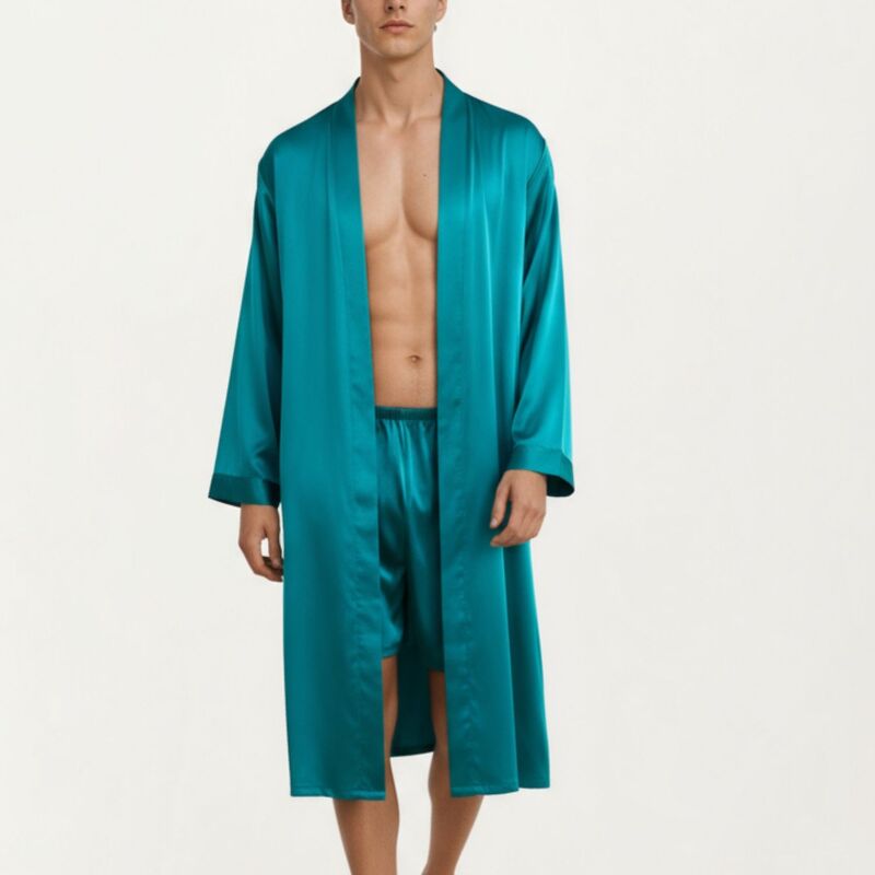 アンナカシ レディース アンダーお召しもの ナイト爵お召しもの 繻子 Anna-Kaci Men\u0027satin Robe with Classic Shawl Collar and Adjustable Waistie Teal ティール