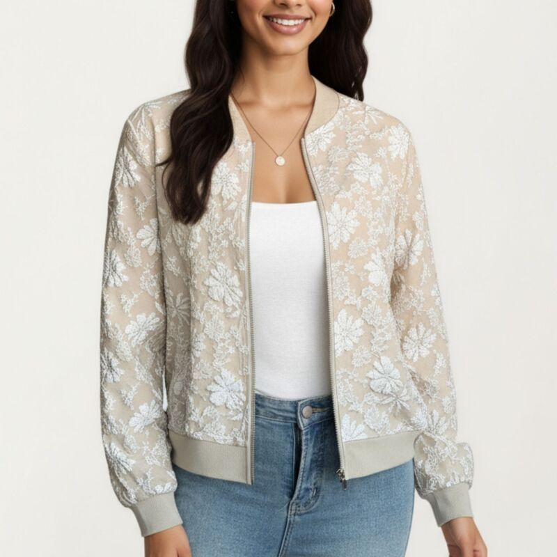 アンナカシ レディース アウター 上衣・上衣 御花柄 肋材 シアー スピード競技 御花 Anna-Kaci Women\u0027sheer Floralace Bomber Jacket with Ribbed Trim and Front Zip Closure Khaki カーキ