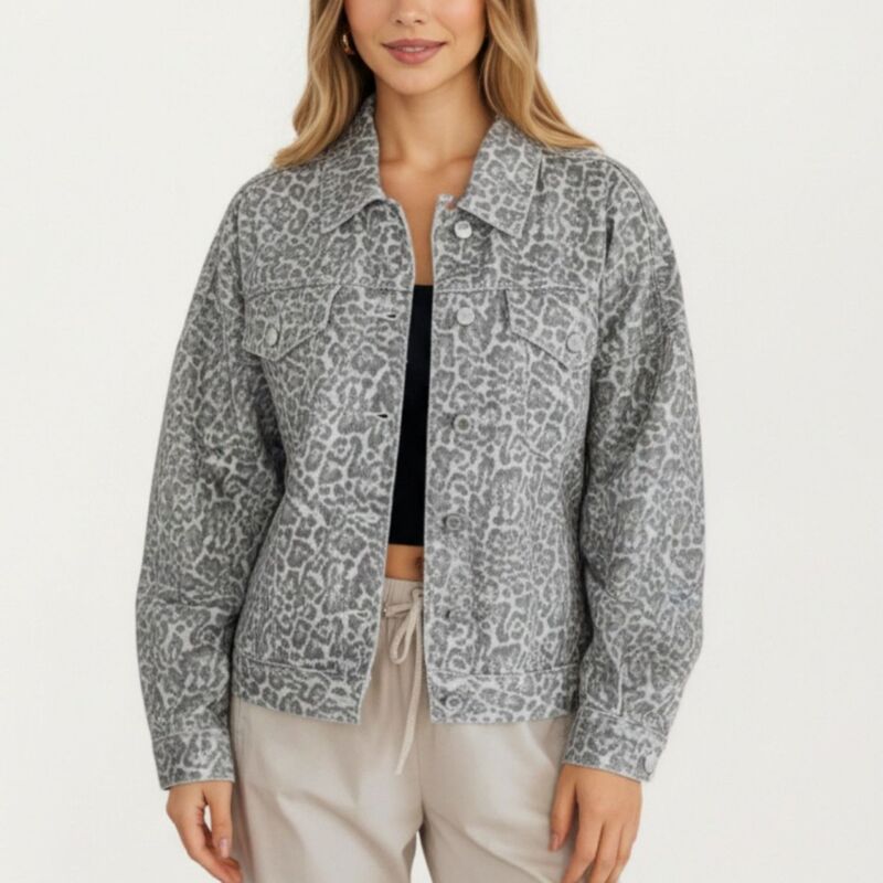 アンナカシ レディース アウター 上衣・上衣 刷り上げる Anna-Kaci Women\u0027s Leopard Print Button Front Jacket with Soft Woven Fabrichest Flapockets Long Sleeves Gray 薄墨色